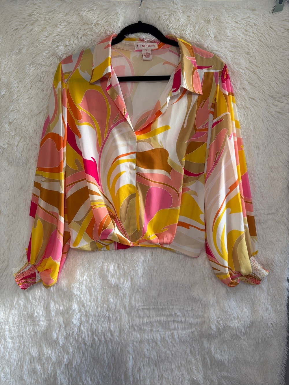 Flying Tomato Womens Retro Top Size M Billowy Balloon Sleeve 70s Chiffon Groovy